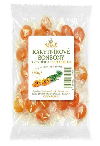Rakytníkové bonbóny s vitamínem C se sladidlem 100g Grešík